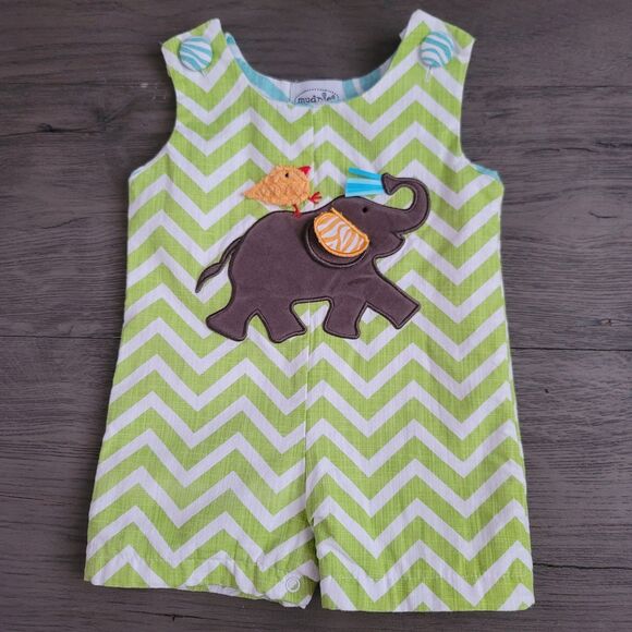 Mud Pie Other - Mud Pie Baby Boy Elephant Bird Chevron Romper One Piece 0-6 Months Green White
